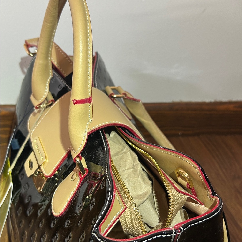 Arcadia Black patent leather and Tan Satchel with Red Accents - Picture 8 of 9